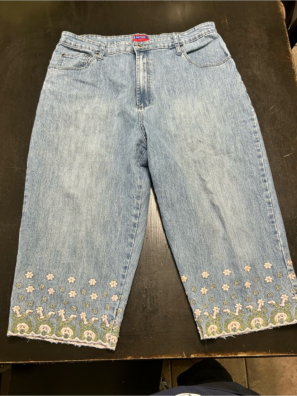 Westport Light Blue Cropped Jeans with Floral Hem Embroidery